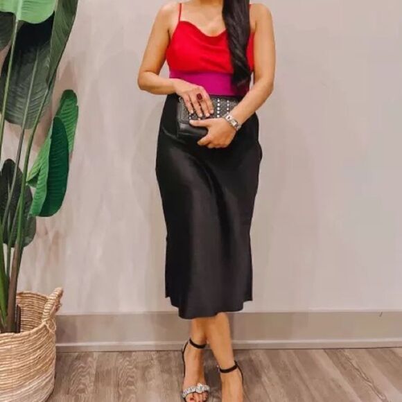 Express - Satin Color Block Tier Cowl Neck Midi Slip Dress - Small/ Red/Purple/B - Picture 2 of 16